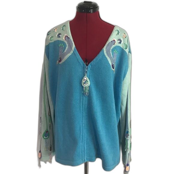 Storybook Knits Cardigan Sz Large Teal & Mint Zipper Closure Peacock Pair Print - Picture 12 of 12